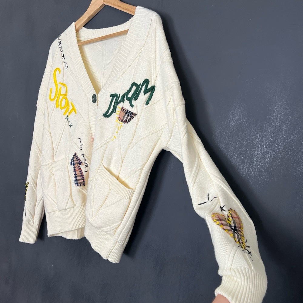 Womens Cardigan Size Cream Oversize Varsity Patchwork Embroidery Whimsical Retro - Picture 2 of 12